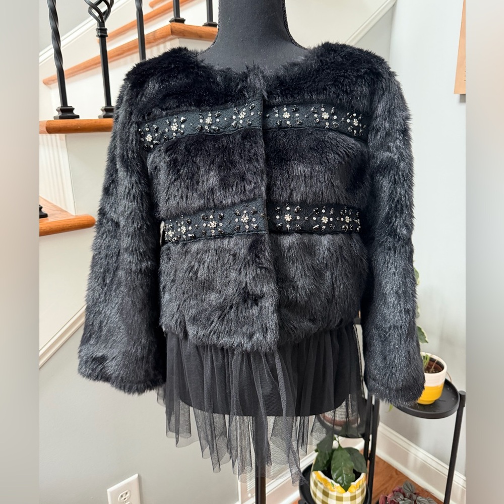 Ryu Black Faux Fur Jeweled Jacket with Tulle Trim